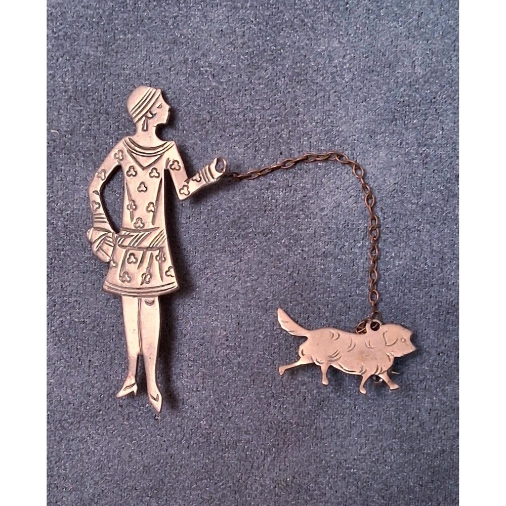 Deco Flapper Walking Dog Brooch Vintage Pin Set